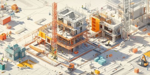 A digital drawing of a construction site. It shows 3D printed buildings, a building plan, and the idea of using modular parts to build quickly.