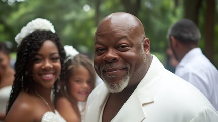 A happy African American father and daughter smile at the camera, with another daughter in the background.