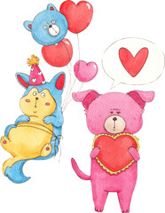 A blue cat with a flabby belly and a balloon tied to it, while a pink dog stands hugging a heart-shaped pillow., hand-drawn watercolor painting illustration