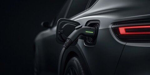 Fototapeta premium Electric car charging at night with a close-up of plugged-in vehicle