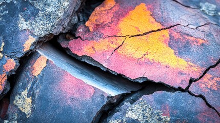 A close-up of a cracked, colorful rock formation with a thin vein of white running through it.