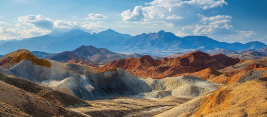 Scenic view of a vast mountain range with colorful layers of rock formations.