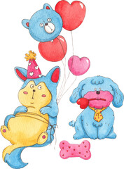 A blue dog sits with a sagging belly wearing a party hat with balloons tied to it. Another dog holds a heart-shaped toy in his mouth., hand-drawn watercolor painting illustration