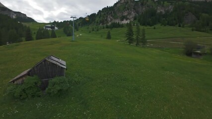 Aerial view of mountain landscape in the Dolomites, Italy on a sunny day
