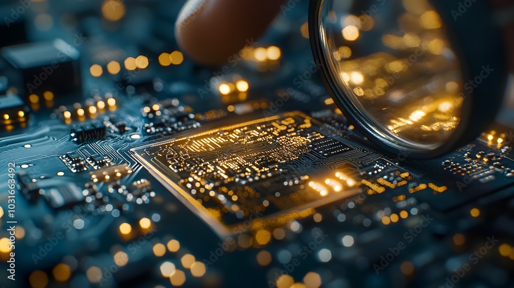 Poster close up inspection of technician examining intricate circuit board with precision tools