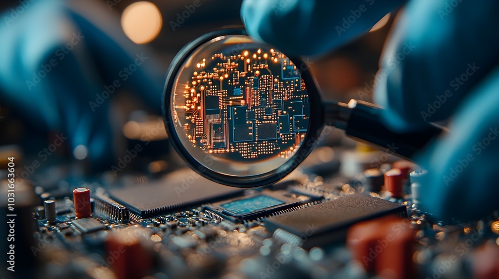 Aufkleber close up inspection of technician examining intricate circuitry with magnifying tool