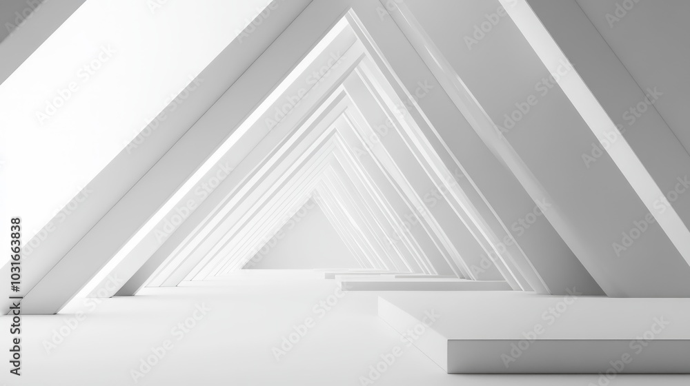 Aufkleber a minimalist white room with a geometric pattern of triangular beams that lead to a white platform i