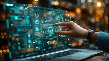 Hand Interacting with Futuristic Digital Interface on Laptop
