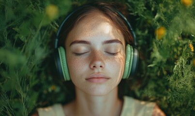 Person with eyes closed, music streaming through headphones, surrounded by green natural landscapes, power of music as a form of escape and, Generative AI