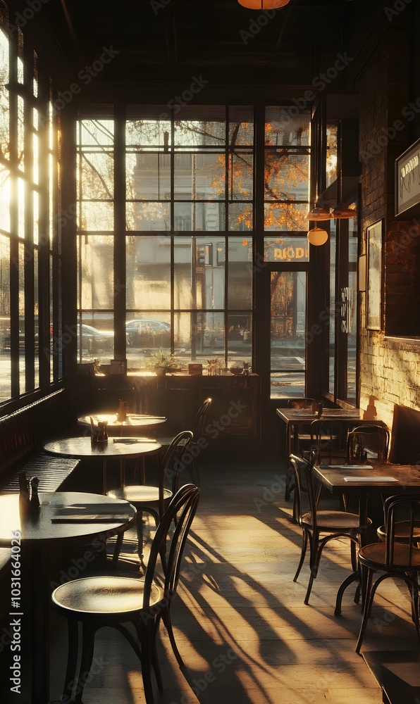Poster 59. a quiet cafe with empty tables and soft lighting