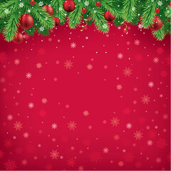 Merry Christmas greeting card on red background with traditional decorations	
