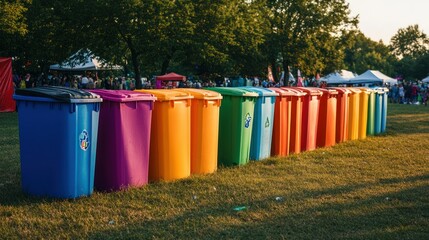 Row of Colorful Recycling Bins in a Grassy Area