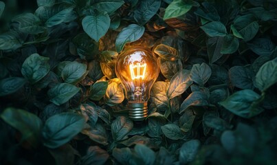 Green Innovation inspiring a lightbulb surrounded by lush greenery, symbolizing the fusion of innovation and environmental sustainability, Generative AI