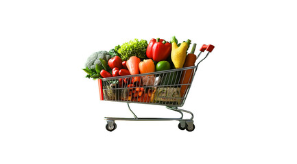 Shopping trolley filled with fruits and vegetables on white background close up, created with Generative AI technology