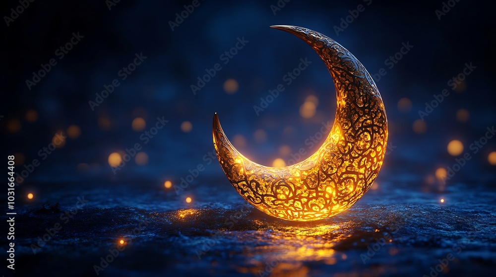 Aufkleber majestic crescent moon adorned gold patterns set against a smooth deep blue gradient background with