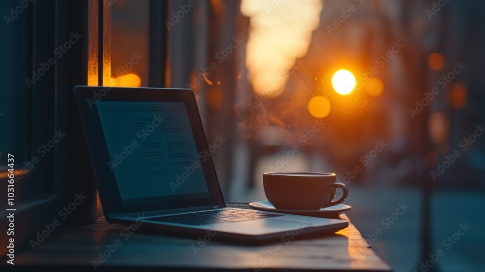 Poster laptop and a cup of coffee on a table by a window with a blurry sunset view
