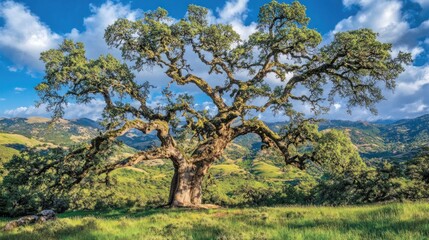 A large, ancient oak tree stands tall on a hillside, its branches reaching out towards a blue sky. The tree is surrounded by rolling hills and green grass.