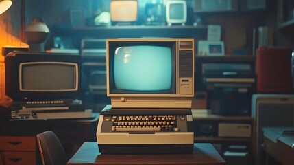 Vintage Computer Stack in Dimly Lit Room Evoking Retro Tech Nostalgia