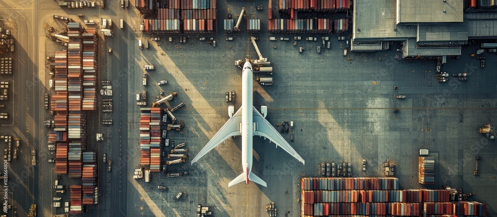 Aufkleber an aerial view of a large cargo plane at a cargo terminal with rows of shipping containers surroundi