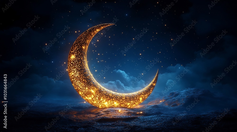 Poster majestic crescent moon adorned gold patterns set against a smooth deep blue gradient background with