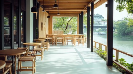 A modern cafe with wooden furniture on a patio overlooking a river.