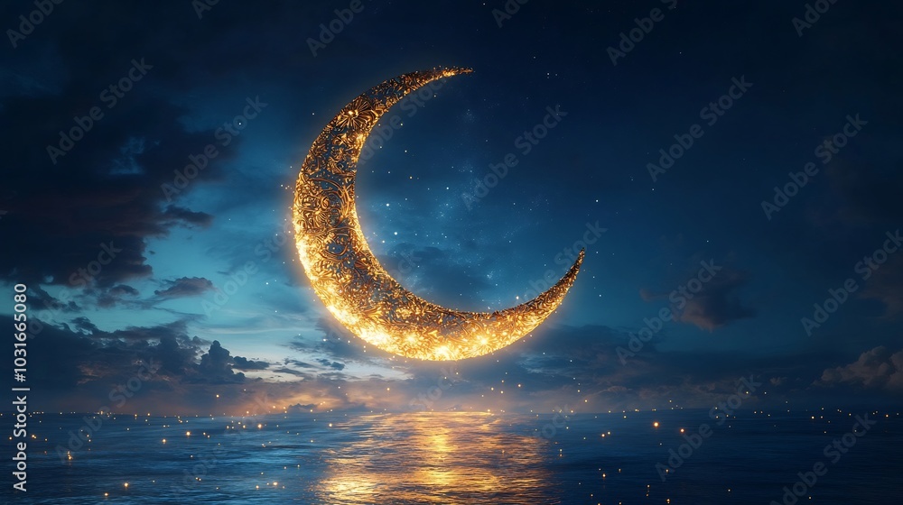 Poster majestic crescent moon adorned gold patterns set against a smooth deep blue gradient background with