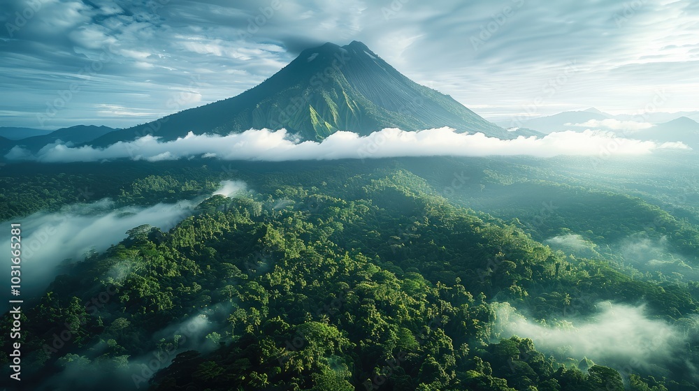 Poster the volcano from an elevated perspective, surrounded by dense jungle and misty clouds. the mountain 