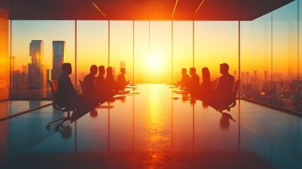 Corporate Team Discussing Business Strategy in Sunlit Office Overlooking City Skyline