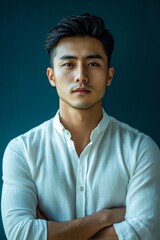Obraz premium Portrait smile handsome senior mature Asian man isolated background, Generative AI