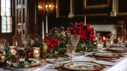 Festive Magic: An Elegant Christmas Table with Vibrant Plates, Poinsettias, and Soft Fairy Lights