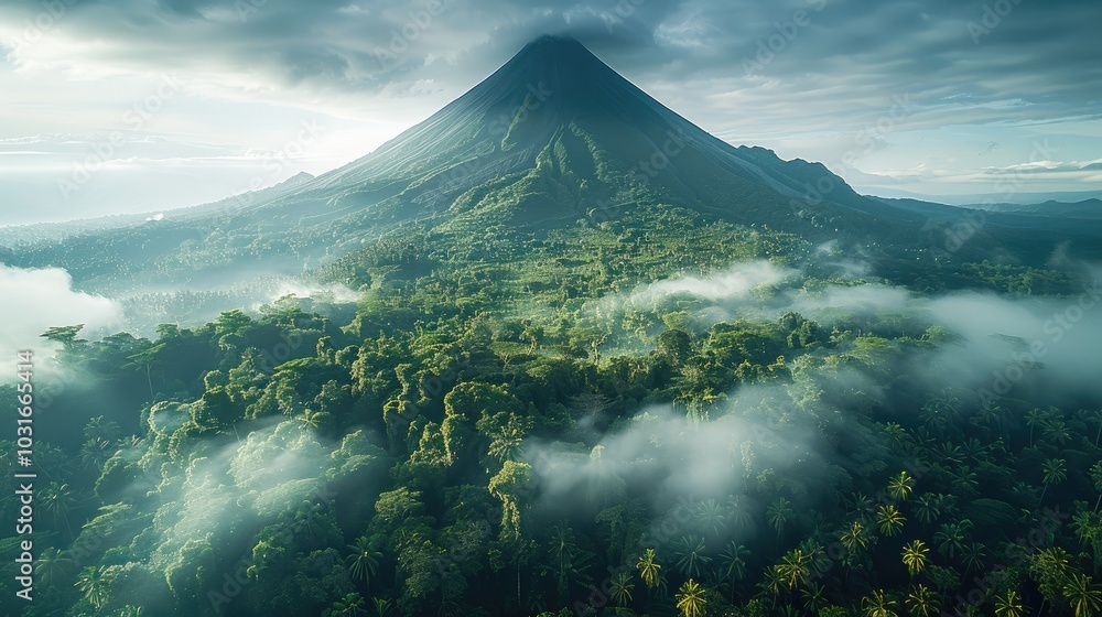 Aufkleber the volcano from an elevated perspective, surrounded by dense jungle and misty clouds. the mountain 