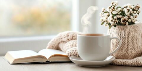 Cozy morning with a warm drink, open book, and knitted decor by the window