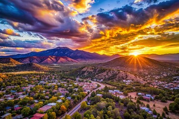 Fototapeta premium Stunning Sunset Over Santa Fe Mountains - Drone Photography Landscape