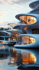 A futuristic floating apartment complex, built on a calm, reflective body of water.