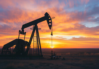 A black and white oil rig is in the middle of a field with a beautiful sunset in