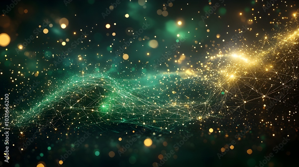 Poster luminous green sci fi network grid with shimmering particles and digital connections