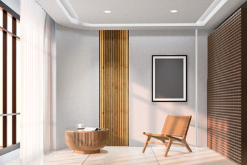 Living room concrete wall background with wooden chair and table in afternoon, Frame mockup, ISO A paper size, Industrial interior design, 3D render