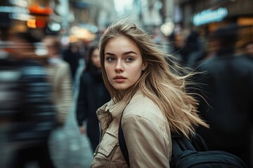 Fototapeta premium Young Woman Walking in a Busy City Street