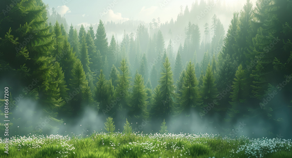 Poster a large coniferous forest, beautiful view of large green trees.