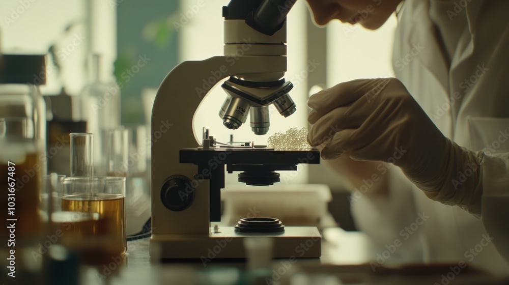 Aufkleber scientist using a microscope to examine a sample of small white beads