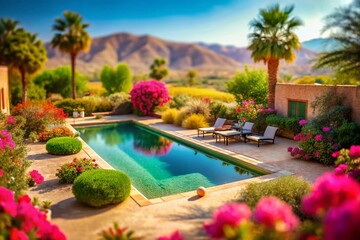 Stunning Tilt-Shift Swimming Pool in Desert Oasis Surrounded by Lush Green Grass and Colorful Bougainvillea