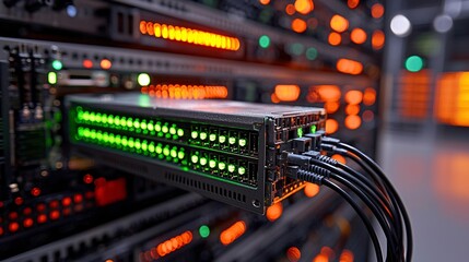 Server Rack with Green and Red Lights and Cables