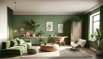 A serene living room with sage green walls, a green sofa, and natural decor accents. Soft lighting and a small plant create a calm, inviting atmosphere.