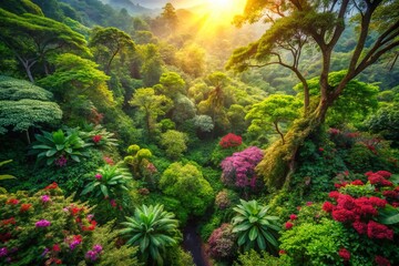 Stunning Top View of an Exotic Forest with Lush Green Canopies and Vibrant Flora for Nature Enthusiasts