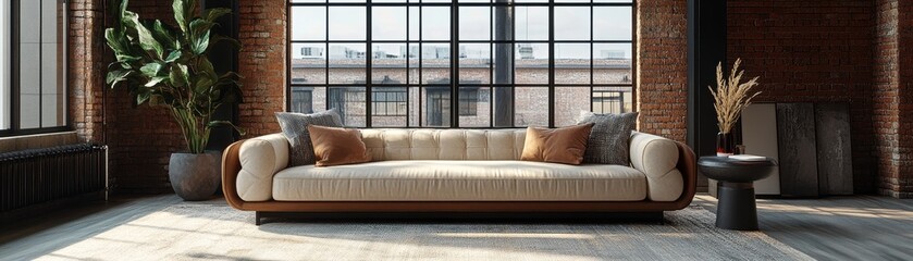 A cozy sofa in front of expansive industrial windows in a loft setting, showcasing luxury fabrics and design elements, high-quality 3D render for advertising