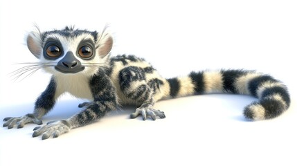 Obraz premium A cute cartoon lemur with big eyes and a fluffy tail, sitting on a white background.