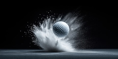 Dynamic golf ball impact with high-speed powder explosion on black background