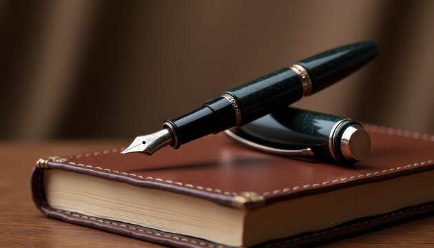 Mockup of a high-quality fountain pen neatly placed on a podium on a leather-bound book background.