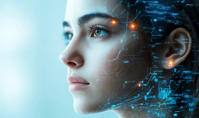 Woman face with futuristic technology concepts and AI-driven innovation, symbolizing the exploration of future technology trends with AI assistance, Generative AI