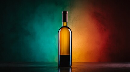 A dark yellow wine bottle in a studio, surrounded by moody green, red, and blue lighting, casting shadows that add depth and richness to the scene
